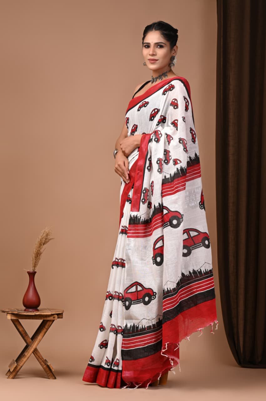 Hand Block Printed Linen Saree with Blouse